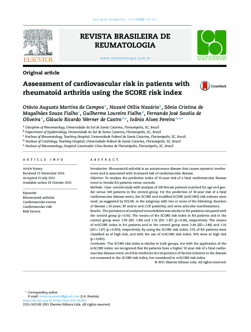 Assessment of cardiovascular risk in patients with rheumatoid arthritis using the SCORE risk index