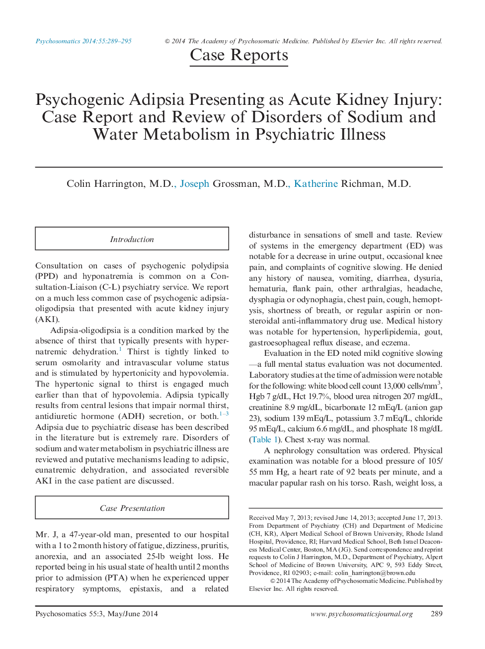 Psychogenic Adipsia Presenting as Acute Kidney Injury: Case Report and Review of Disorders of Sodium and Water Metabolism in Psychiatric Illness