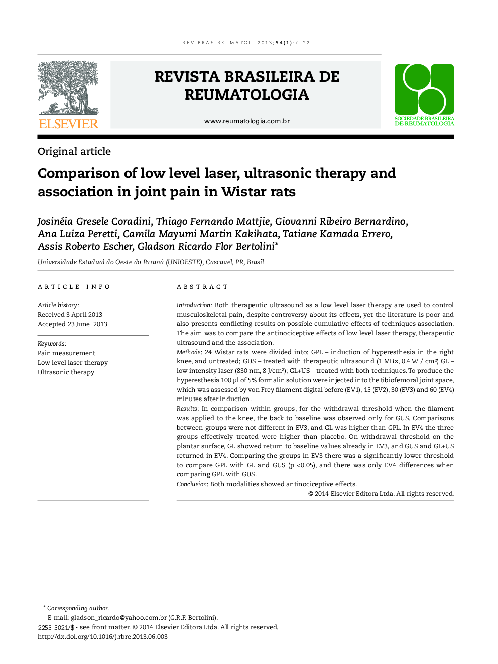 Comparison of low level laser, ultrasonic therapy and association in joint pain in Wistar rats