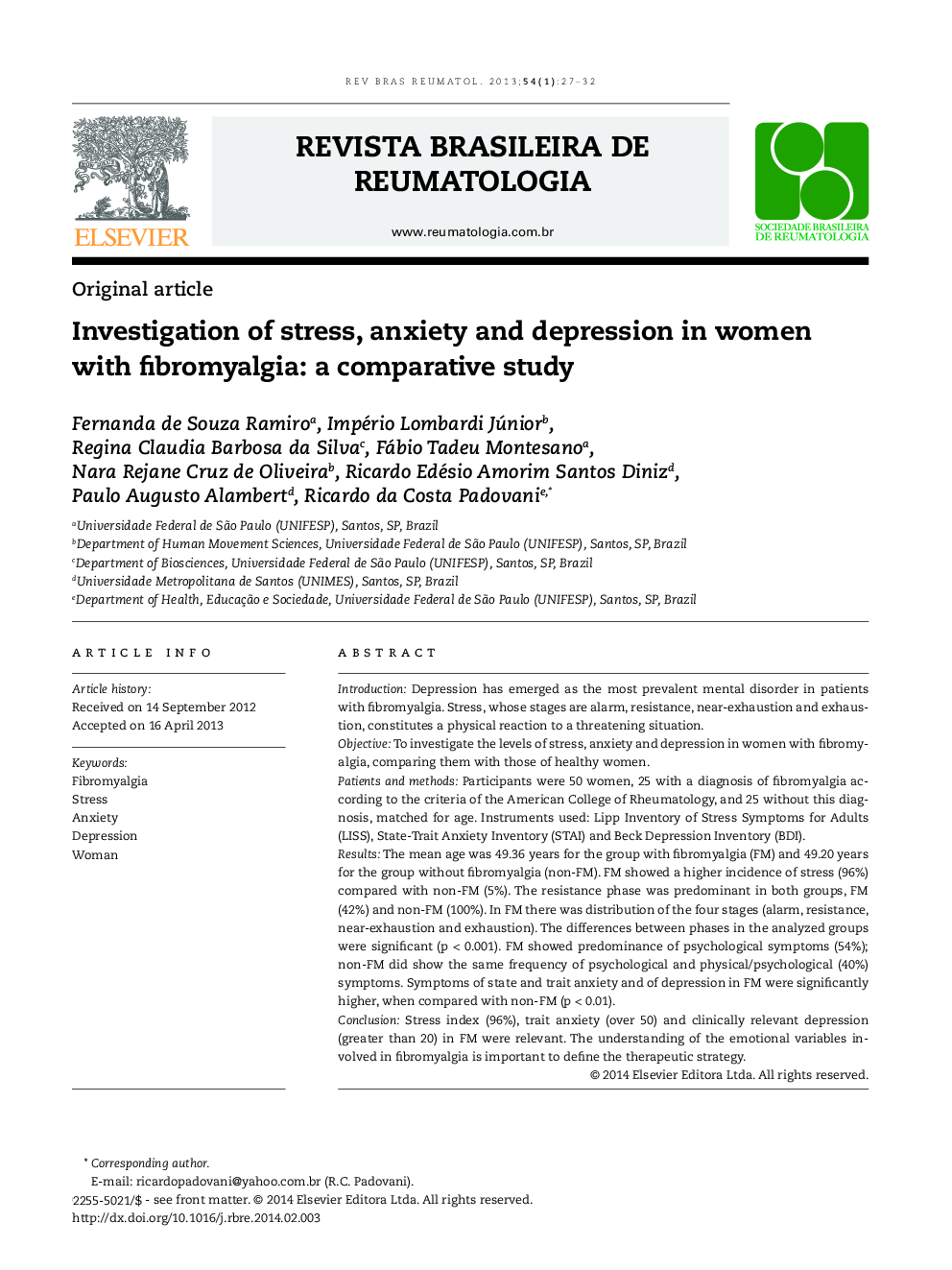 Investigation of stress, anxiety and depression in women with fibromyalgia: A comparative study