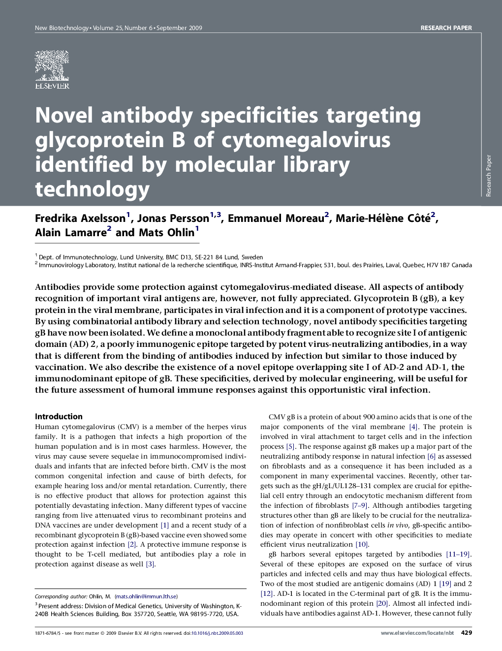 Novel antibody specificities targeting glycoprotein B of cytomegalovirus identified by molecular library technology