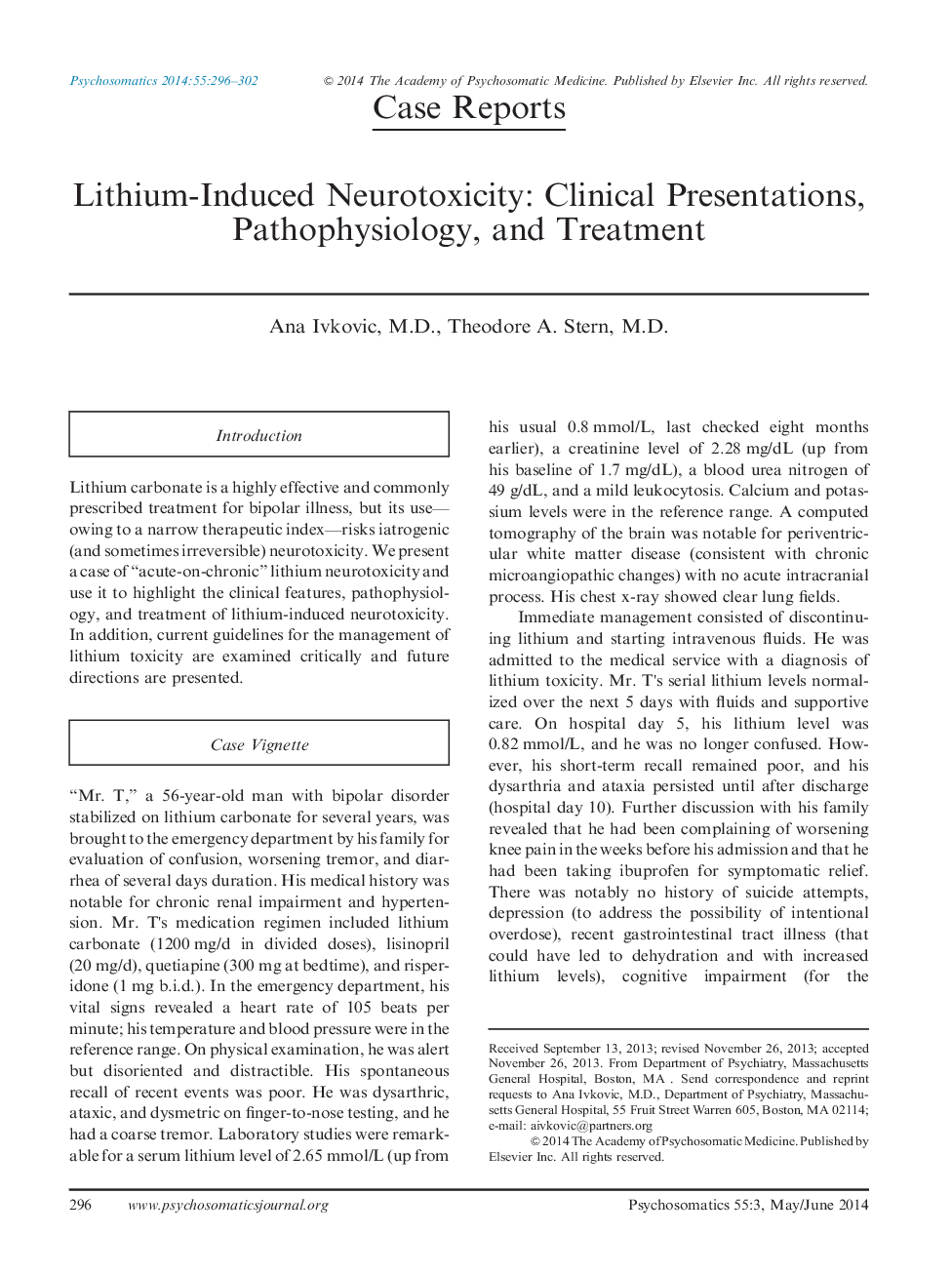 Lithium-Induced Neurotoxicity: Clinical Presentations, Pathophysiology, and Treatment