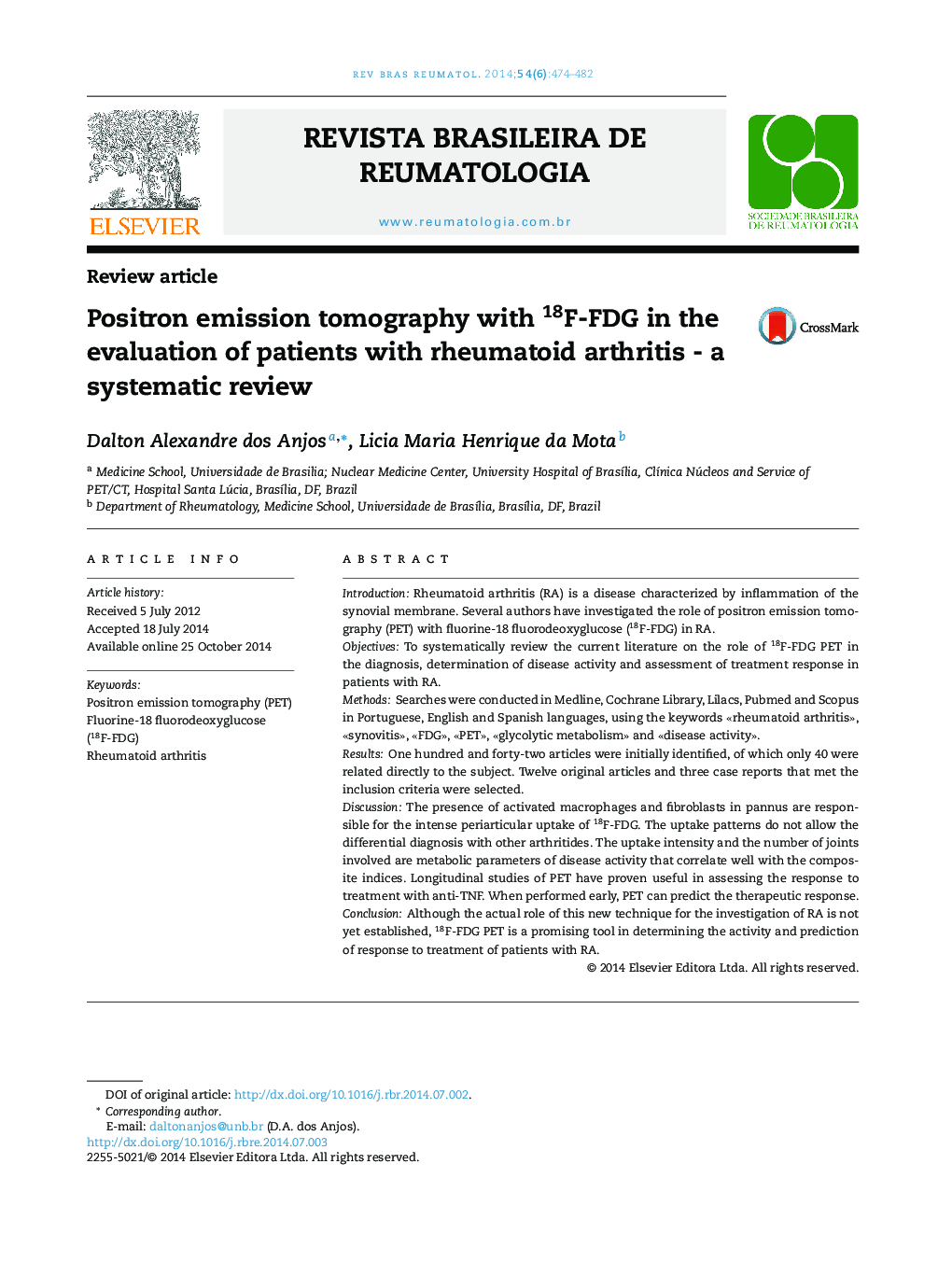 Positron emission tomography with 18F-FDG in the evaluation of patients with rheumatoid arthritis - a systematic review