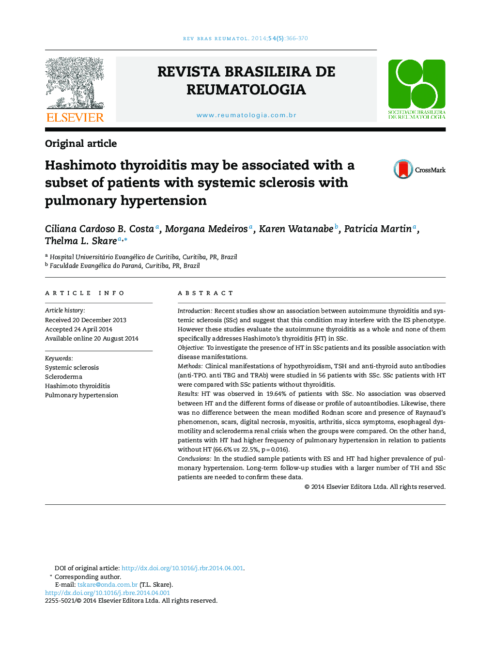 Hashimoto thyroiditis may be associated with a subset of patients with systemic sclerosis with pulmonary hypertension