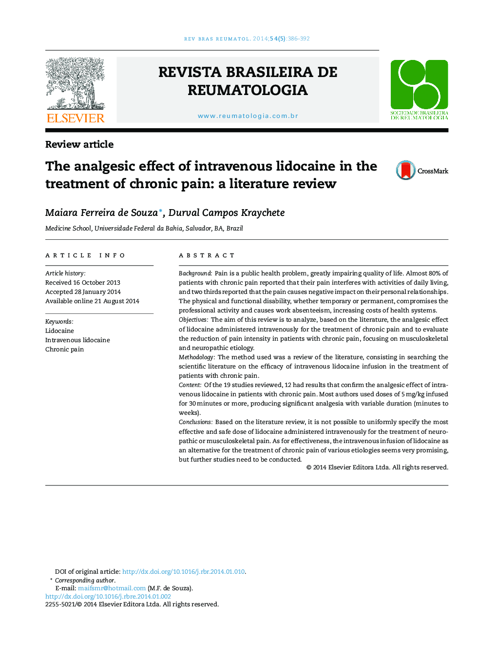 The analgesic effect of intravenous lidocaine in the treatment of chronic pain: a literature review