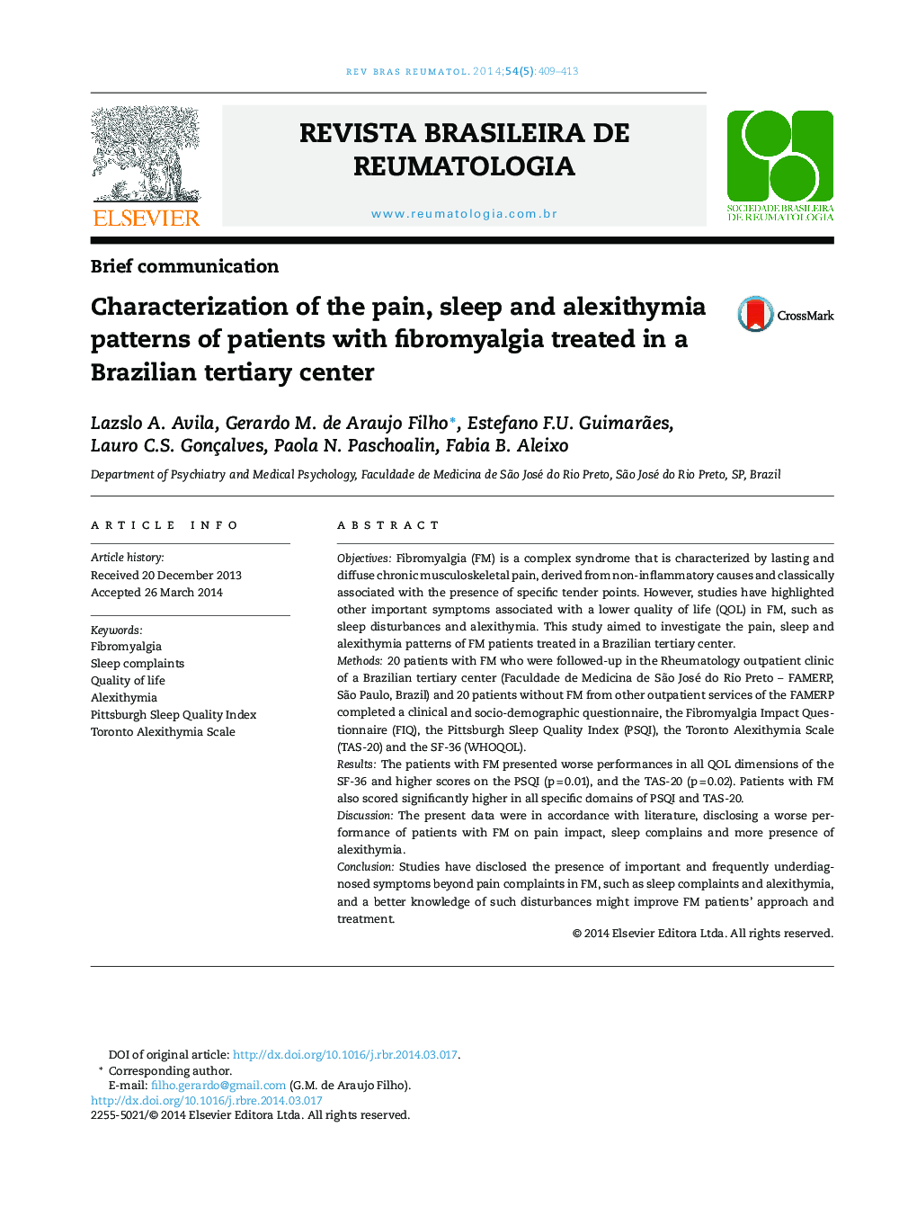 Characterization of the pain, sleep and alexithymia patterns of patients with fibromyalgia treated in a Brazilian tertiary center