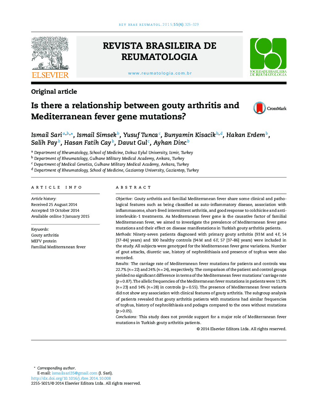 Is there a relationship between gouty arthritis and Mediterranean fever gene mutations?