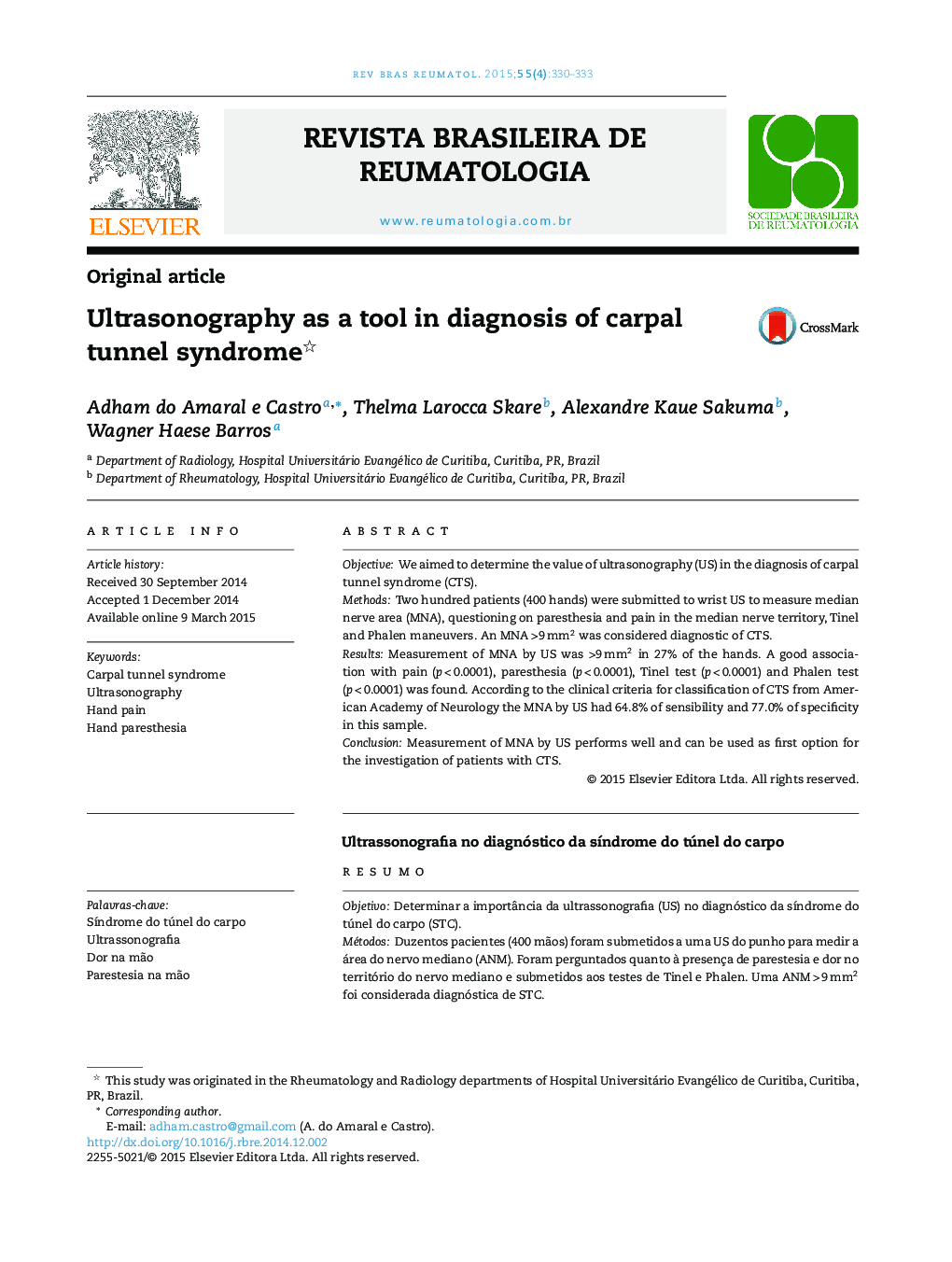 Ultrasonography as a tool in diagnosis of carpal tunnel syndrome 