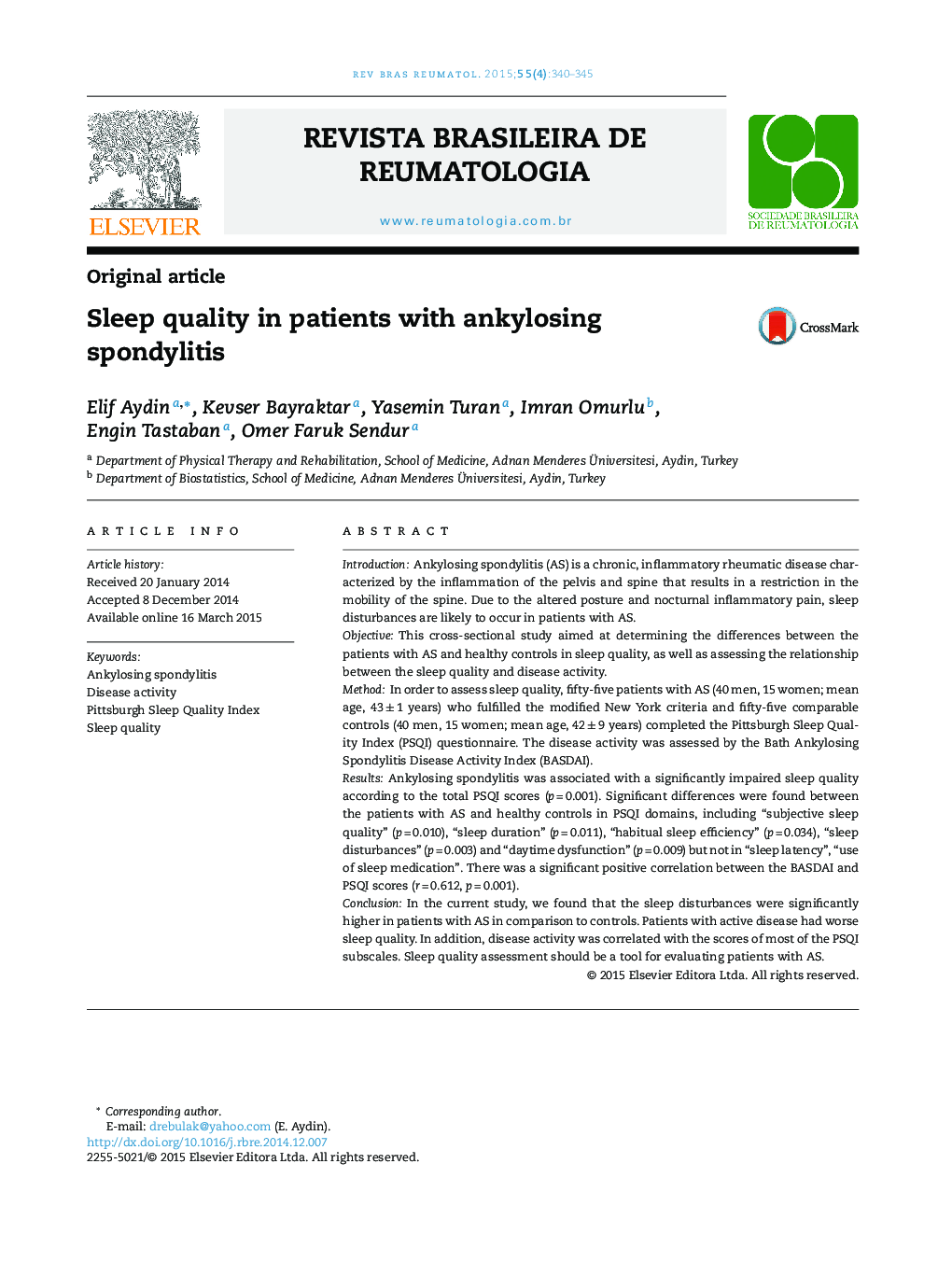 Sleep quality in patients with ankylosing spondylitis