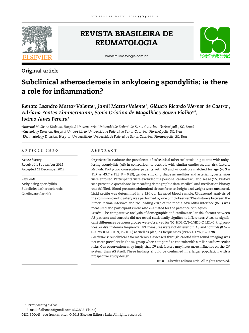 Subclinical atherosclerosis in ankylosing spondylitis: is there a role for inflammation?