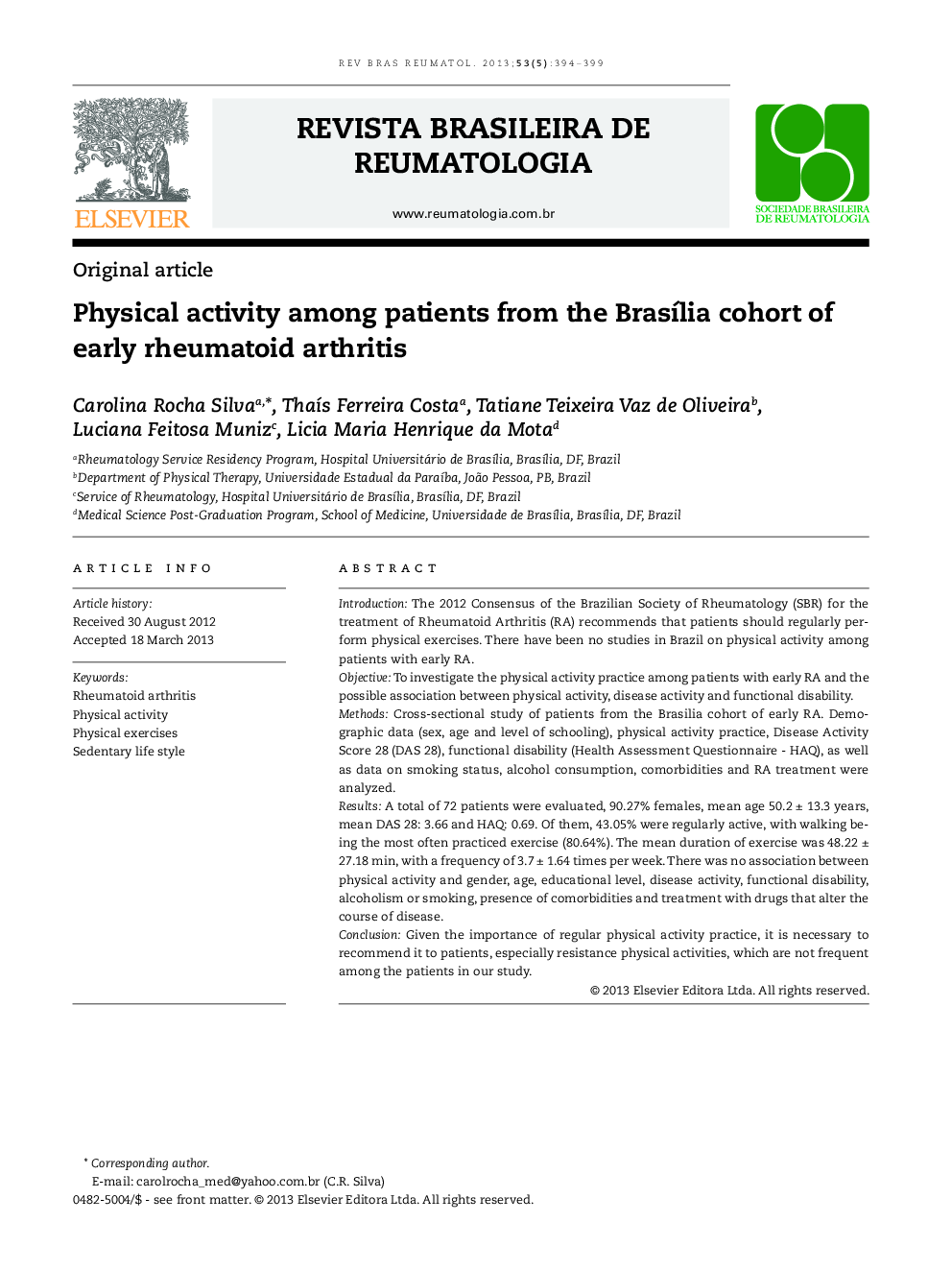 Physical activity among patients from the Brasília cohort of early rheumatoid arthritis