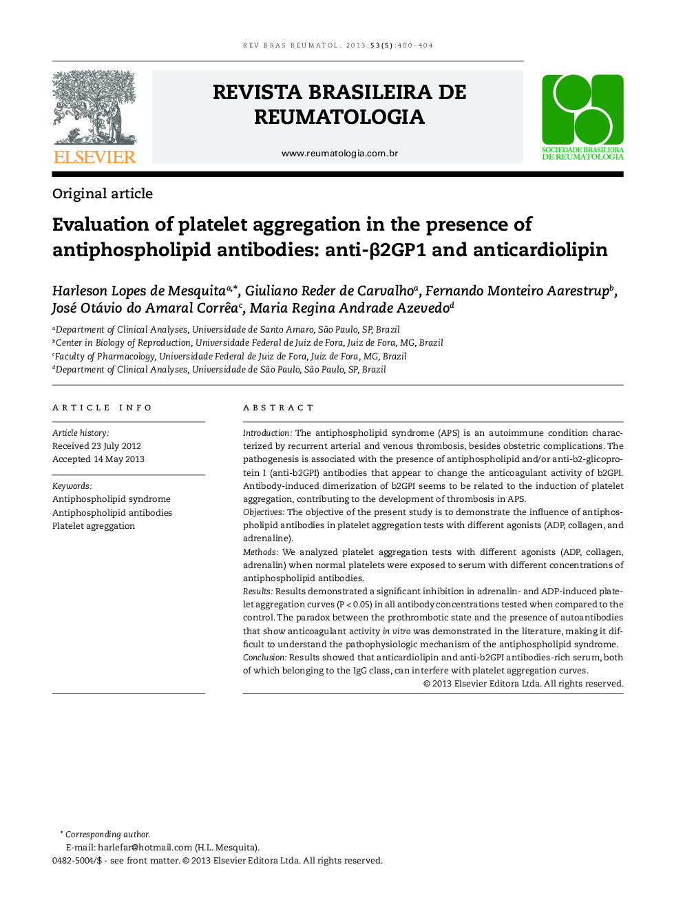 Evaluation of platelet aggregation in the presence of antiphospholipid antibodies: anti-β2GP1 and anticardiolipin