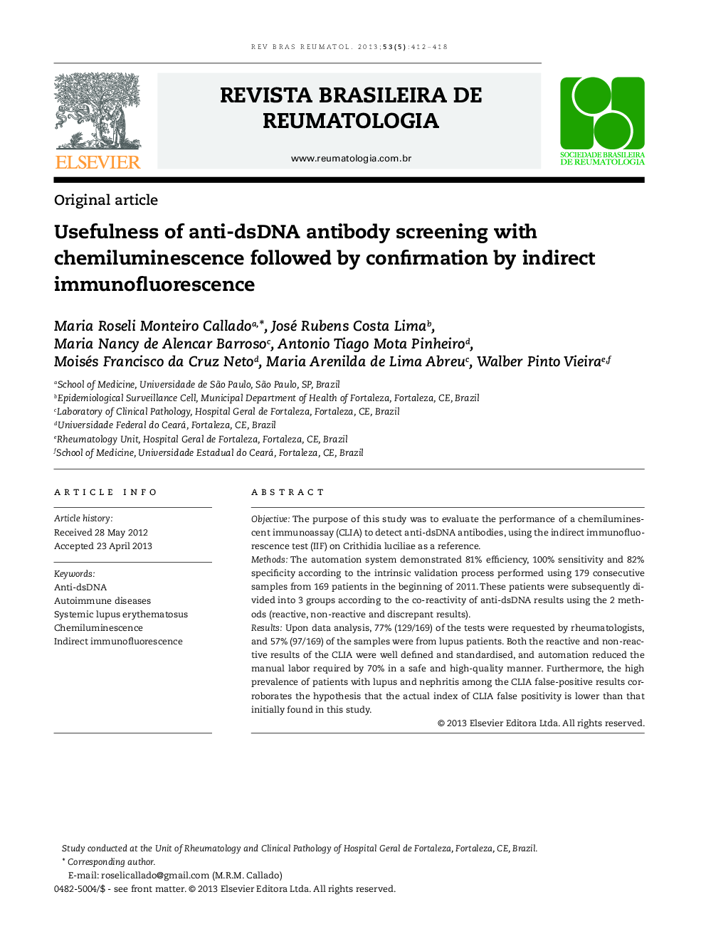 Usefulness of anti-dsDNA antibody screening with chemiluminescence followed by confirmation by indirect immunofluorescence