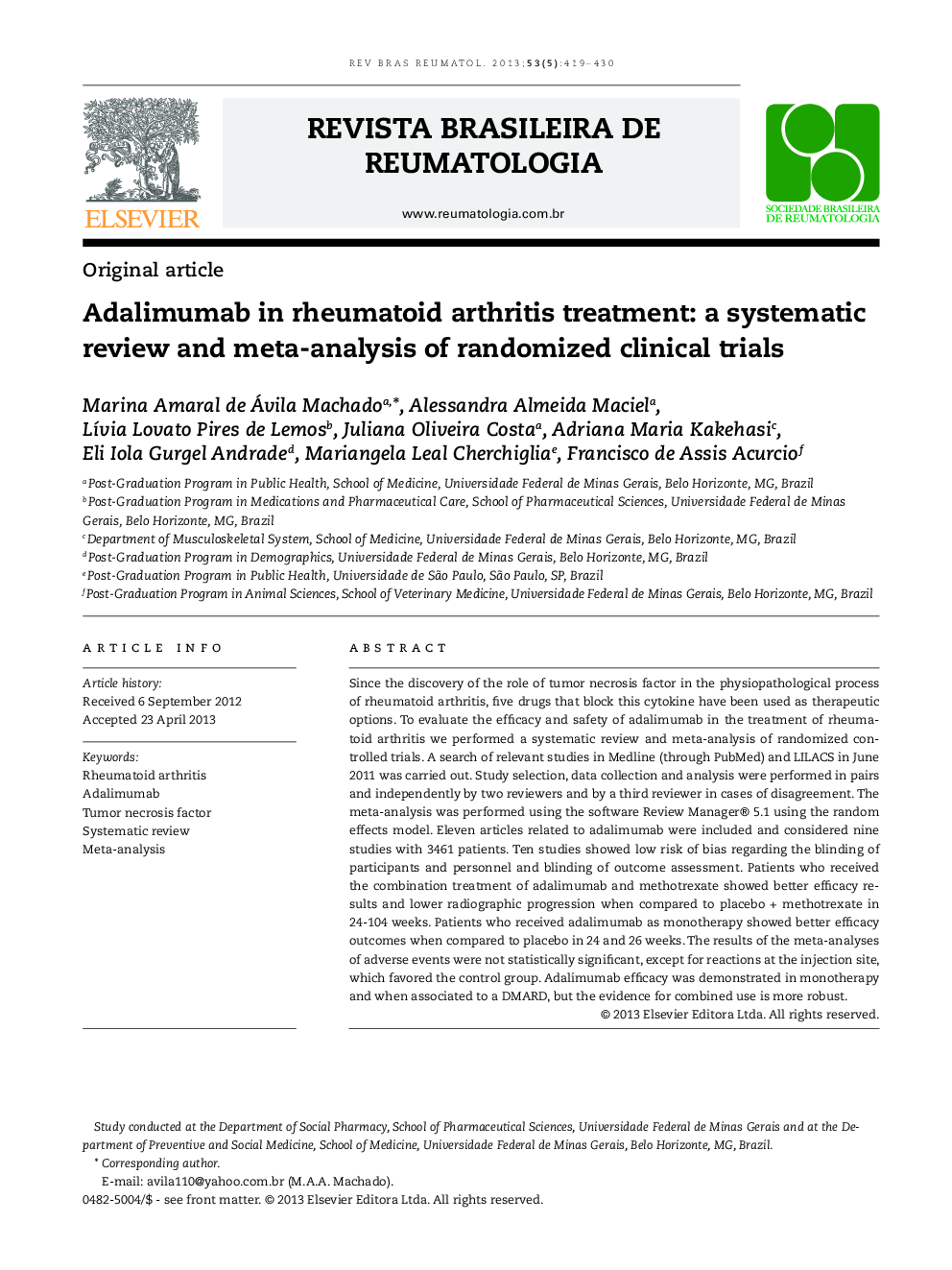 Adalimumab in rheumatoid arthritis treatment: a systematic review and meta-analysis of randomized clinical trials