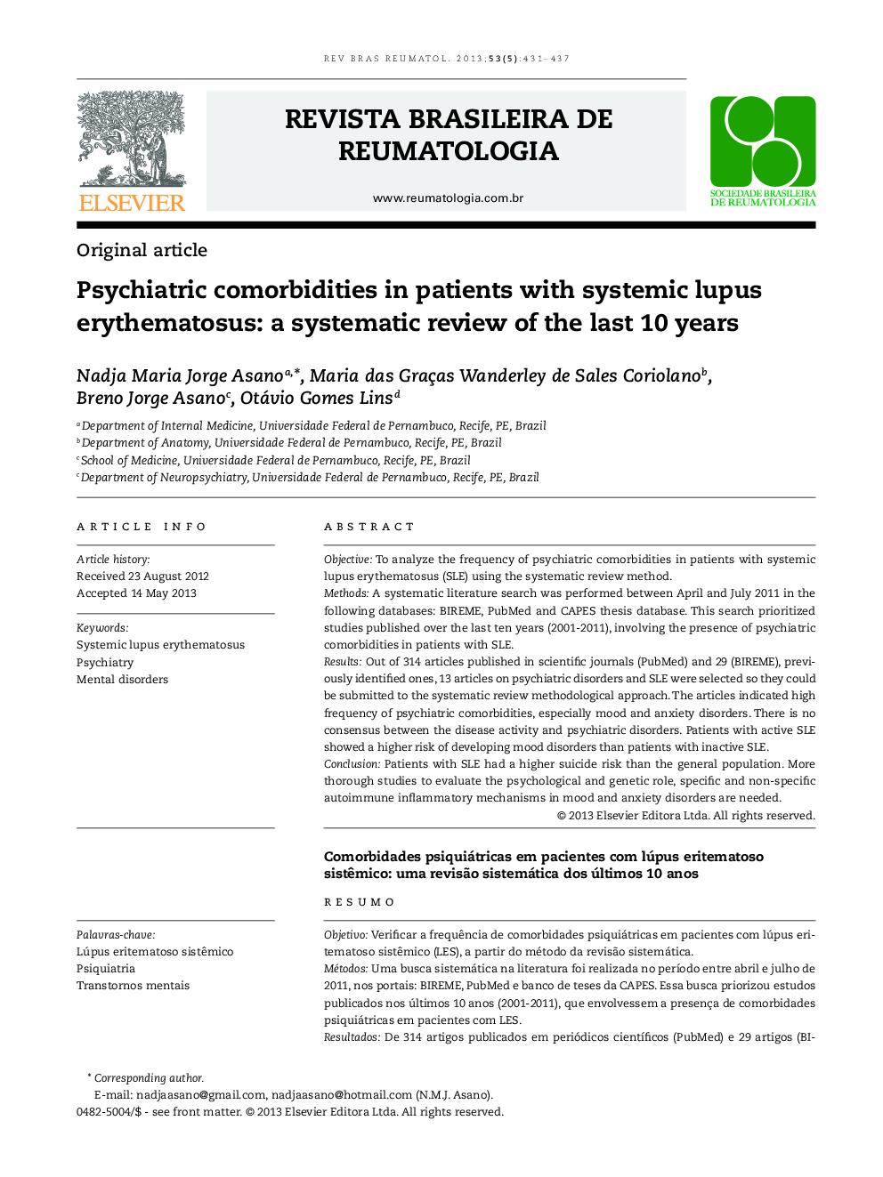 Psychiatric comorbidities in patients with systemic lupus erythematosus: a systematic review of the last 10 years