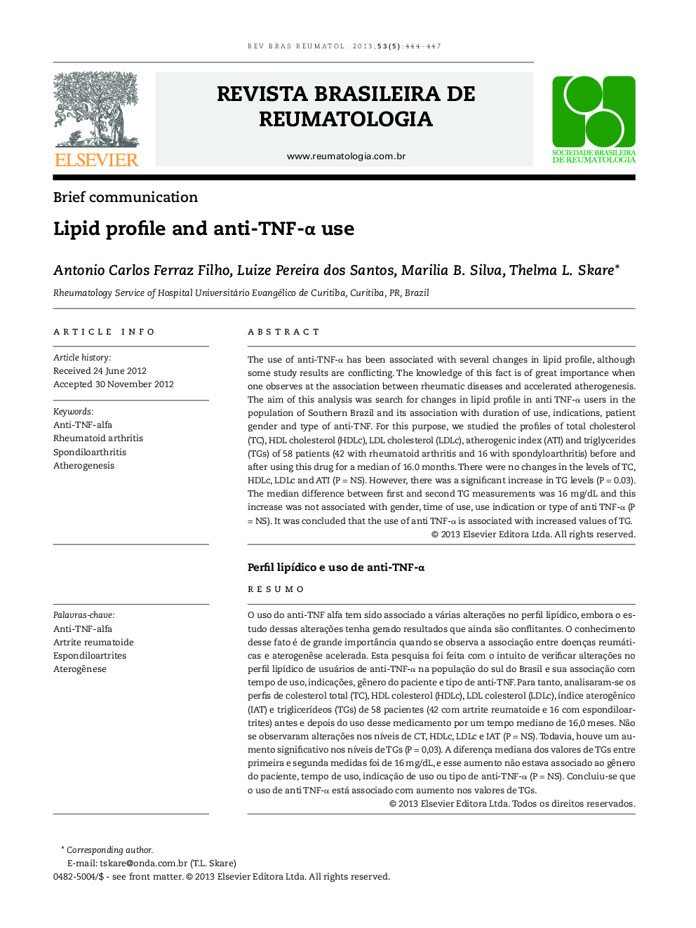 Lipid profile and anti-TNF-α use