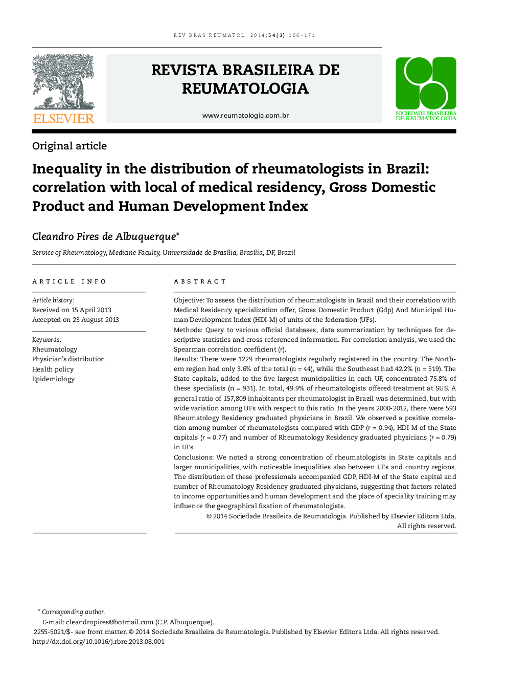 Inequality in the distribution of rheumatologists in Brazil: Correlation with local of medical residency, Gross Domestic Product and Human Development Index