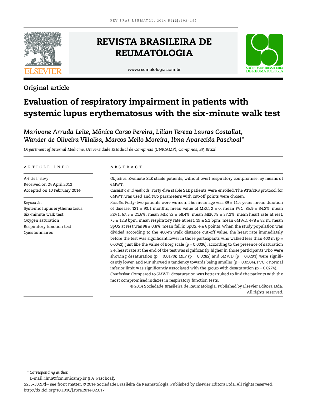 Evaluation of respiratory impairment in patients with systemic lupus erythematosus with the six-minute walk test