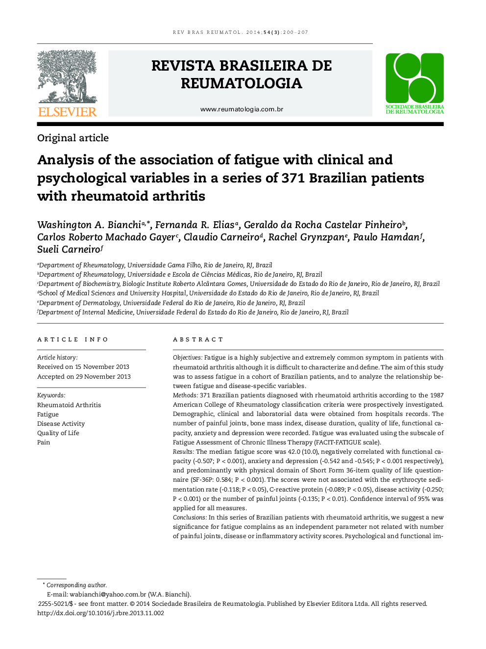 Analysis of the association of fatigue with clinical and psychological variables in a series of 371 Brazilian patients with rheumatoid arthritis
