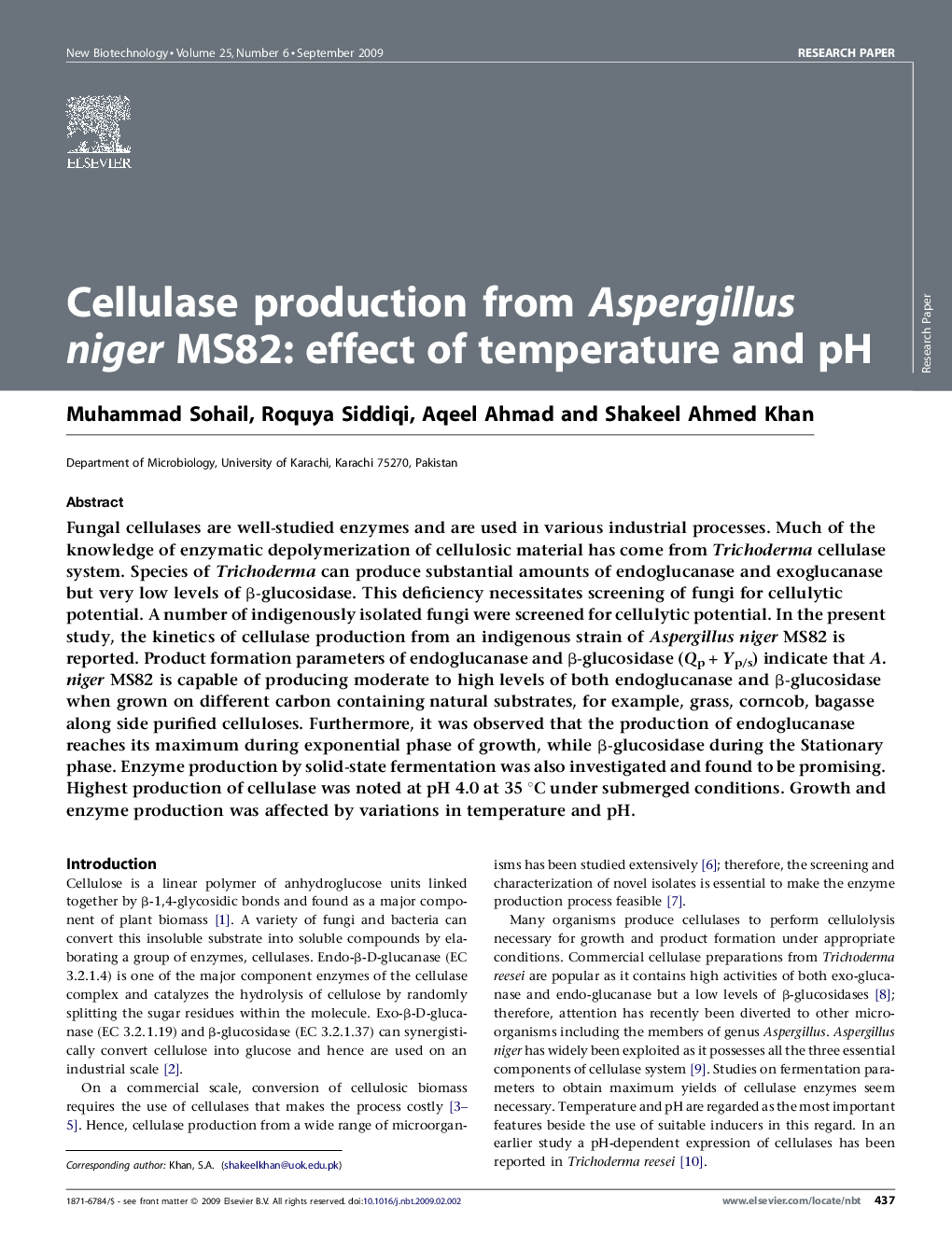 Cellulase production from Aspergillus niger MS82: effect of temperature and pH