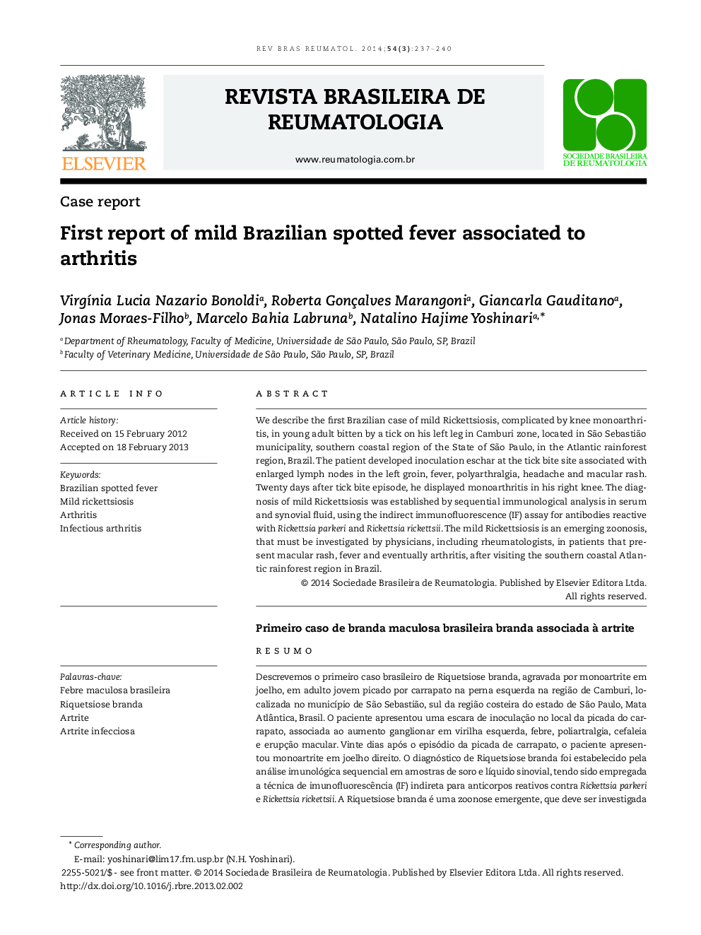 First report of mild Brazilian spotted fever associated to arthritis