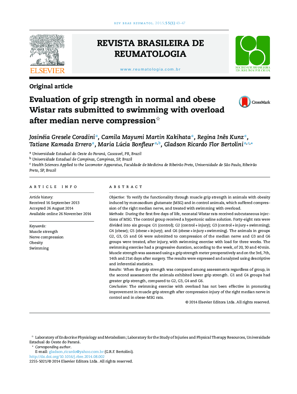 Evaluation of grip strength in normal and obese Wistar rats submitted to swimming with overload after median nerve compression 