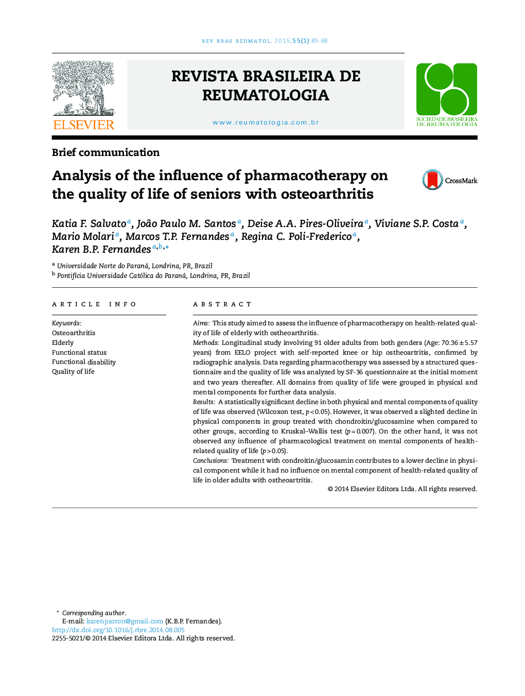 Analysis of the influence of pharmacotherapy on the quality of life of seniors with osteoarthritis