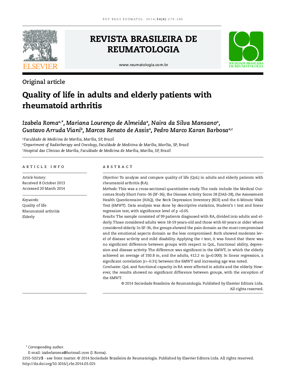 Quality of life in adults and elderly patients with rheumatoid arthritis