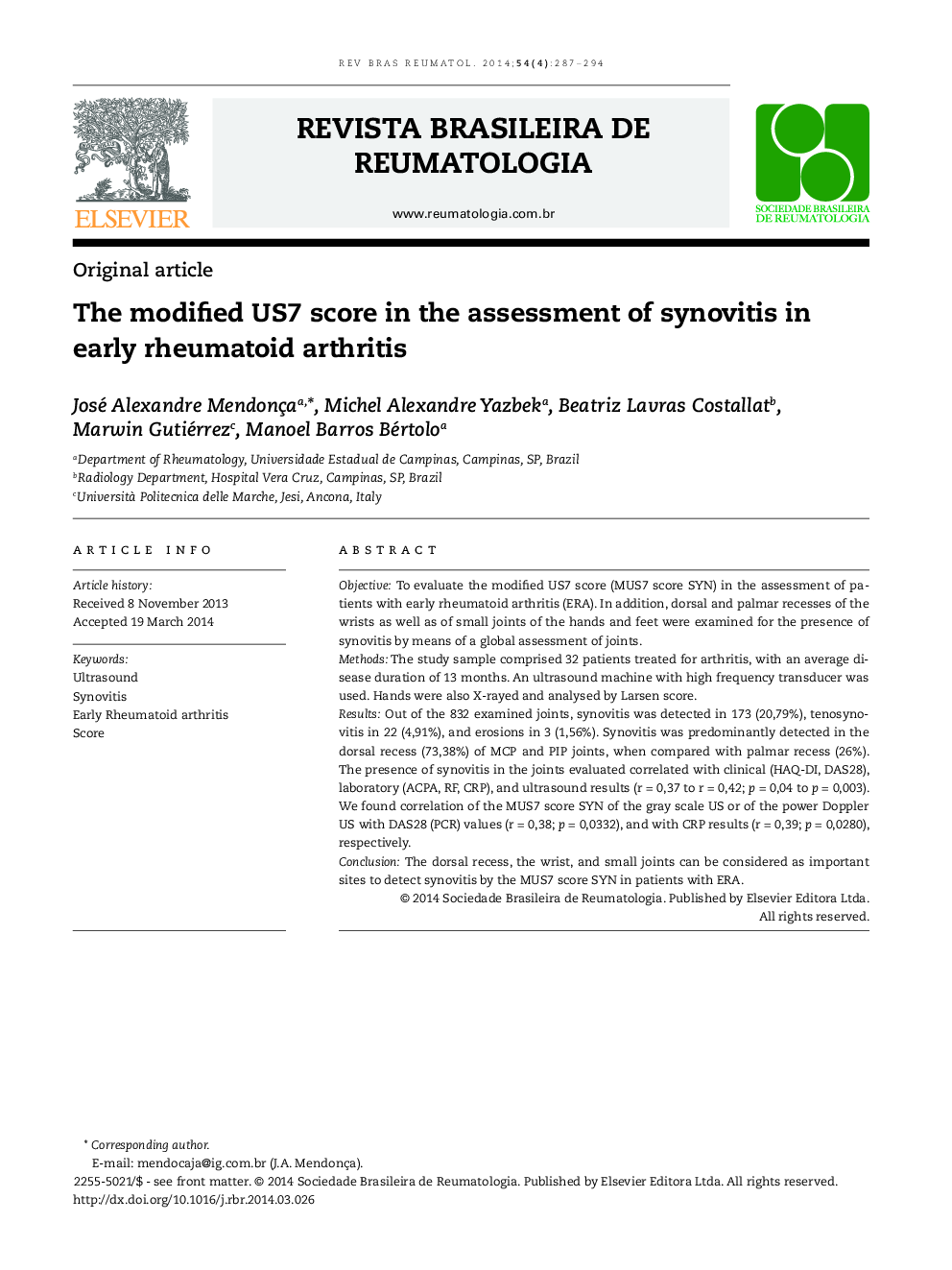 The modified US7 score in the assessment of synovitis in early rheumatoid arthritis