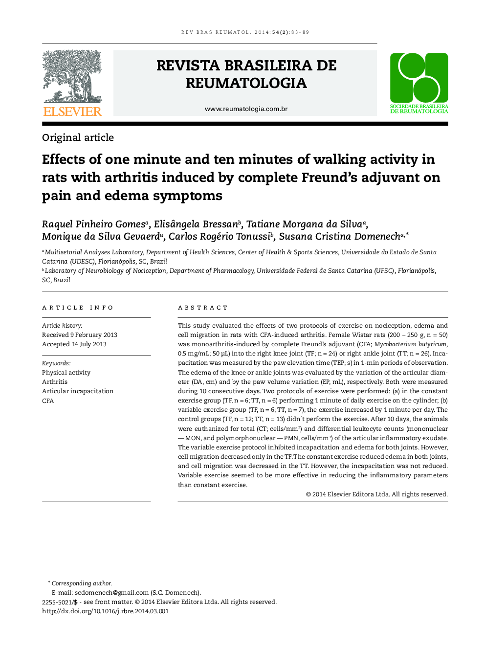 Effects of one minute and ten minutes of walking activity in rats with arthritis induced by complete Freund's adjuvant on pain and edema symptoms