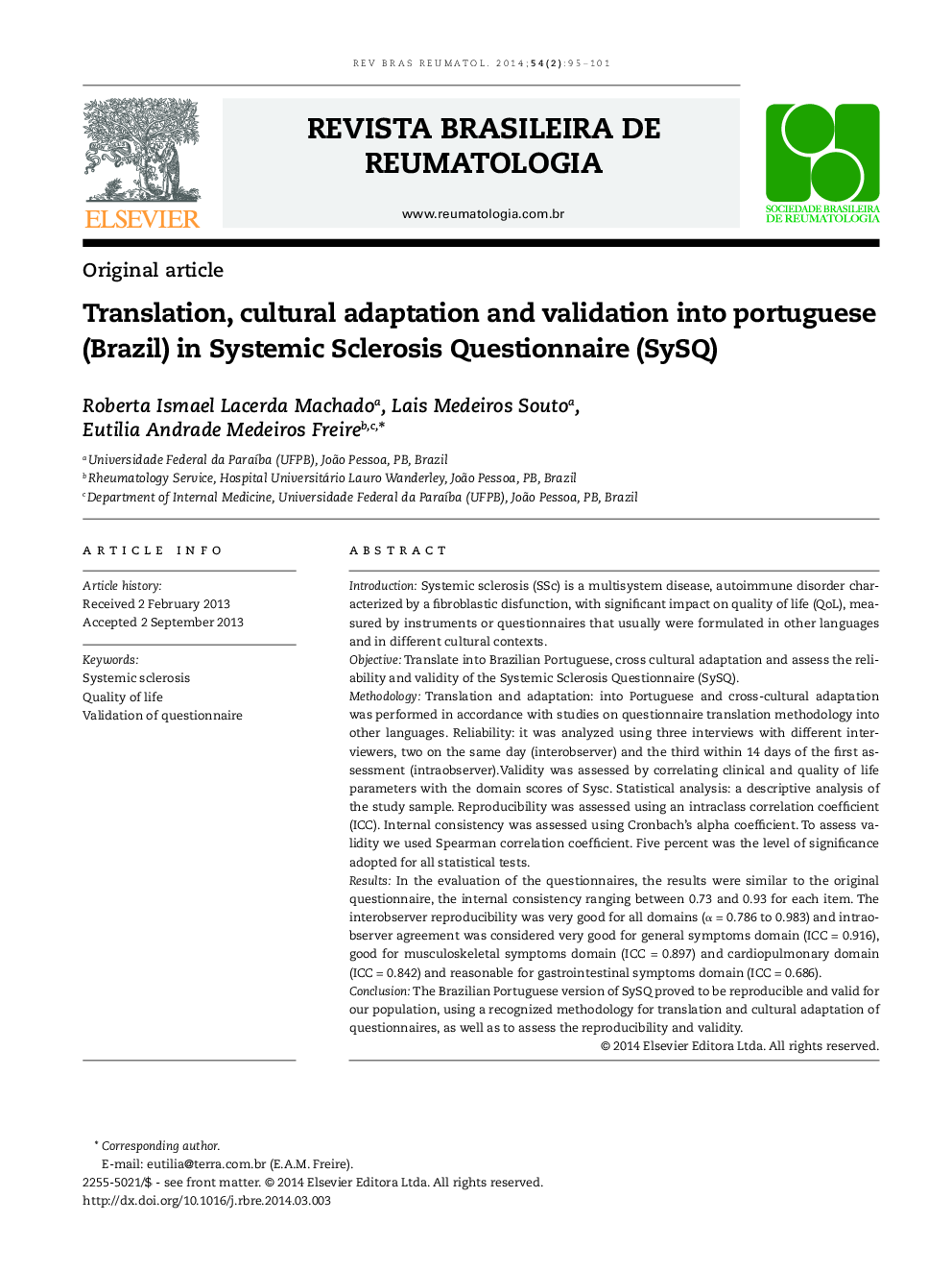 Translation, cultural adaptation and validation into portuguese (Brazil) in Systemic Sclerosis Questionnaire (SySQ)