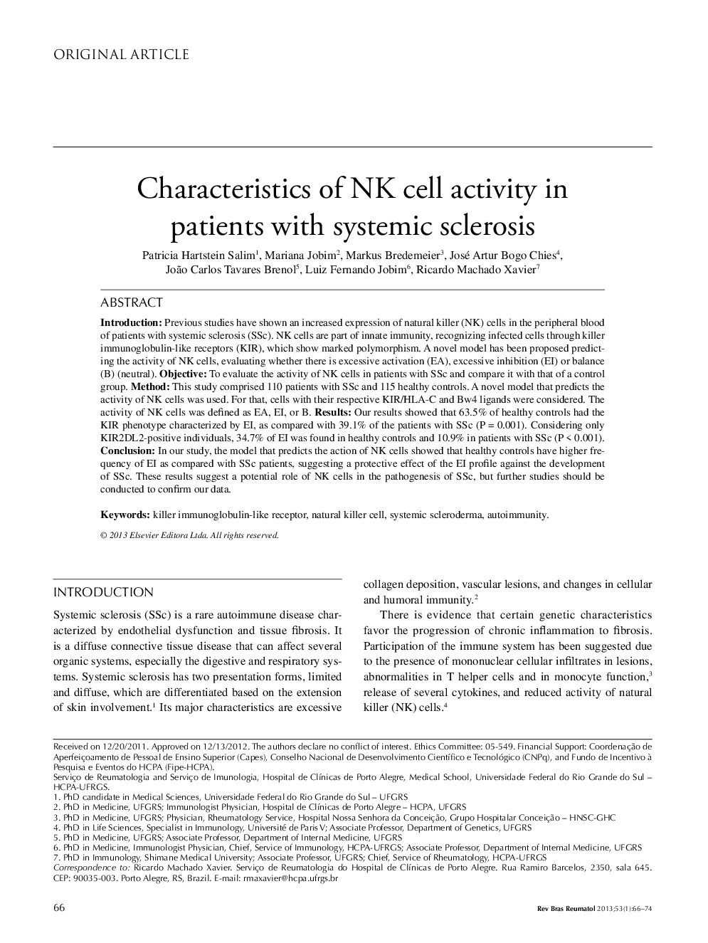 Characteristics of NK cell activity in patients with systemic sclerosis