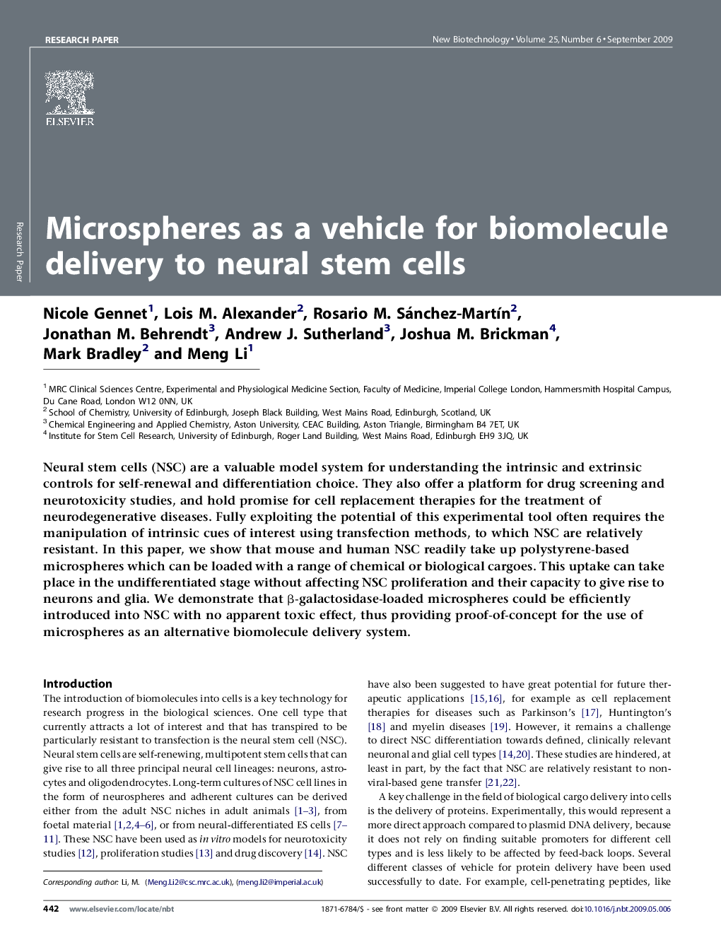 Microspheres as a vehicle for biomolecule delivery to neural stem cells