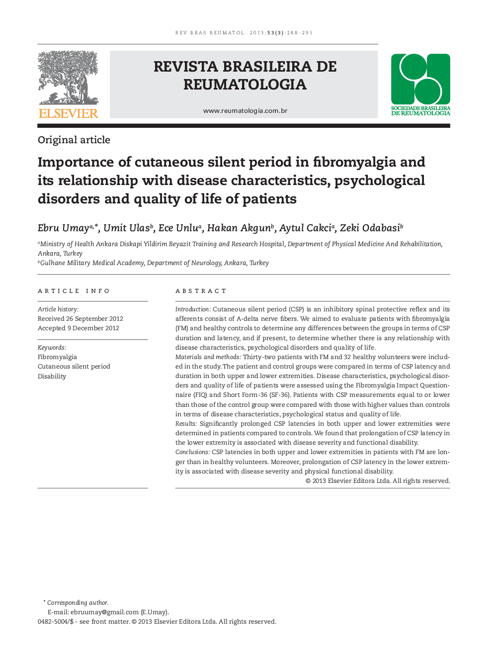 Importance of cutaneous silent period in fibromyalgia and its relationship with disease characteristics, psychological disorders and quality of life of patients