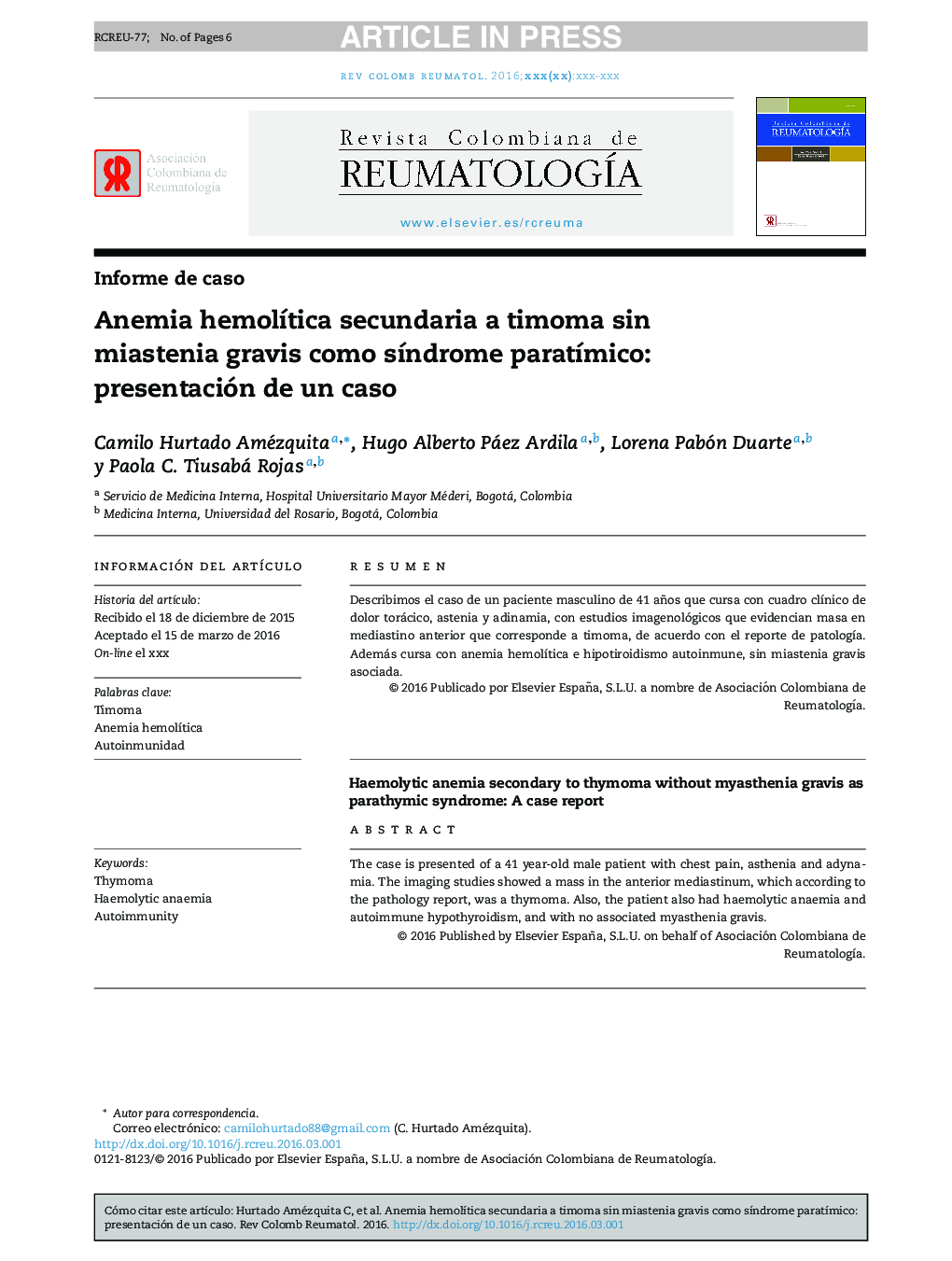 Anemia hemolÃ­tica secundaria a timoma sin miastenia gravis como sÃ­ndrome paratÃ­mico: presentación de un caso