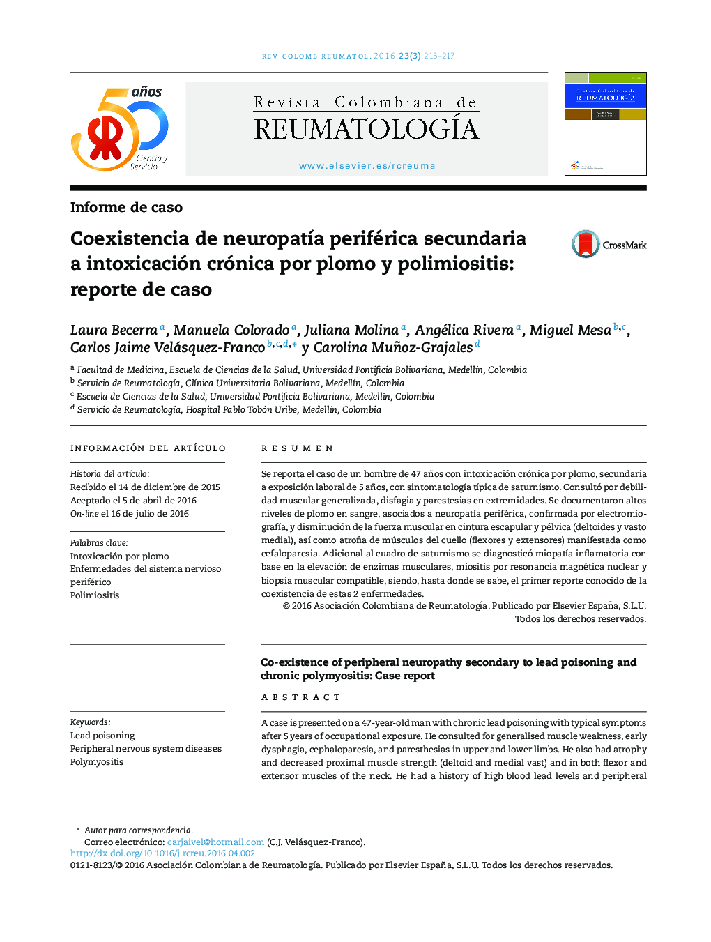 Coexistencia de neuropatÃ­a periférica secundaria a intoxicación crónica por plomo y polimiositis: reporte de caso