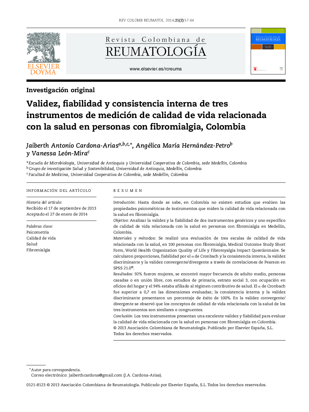 Validez, fiabilidad y consistencia interna de tres instrumentos de medición de calidad de vida relacionada con la salud en personas con fibromialgia, Colombia