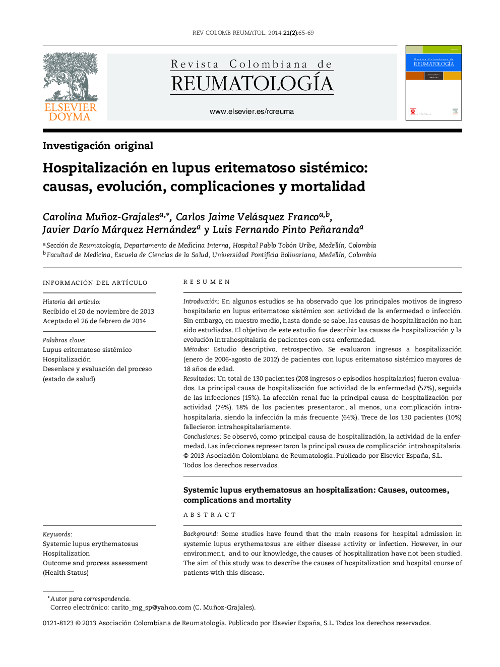 Hospitalización en lupus eritematoso sistémico: causas, evolución, complicaciones y mortalidad