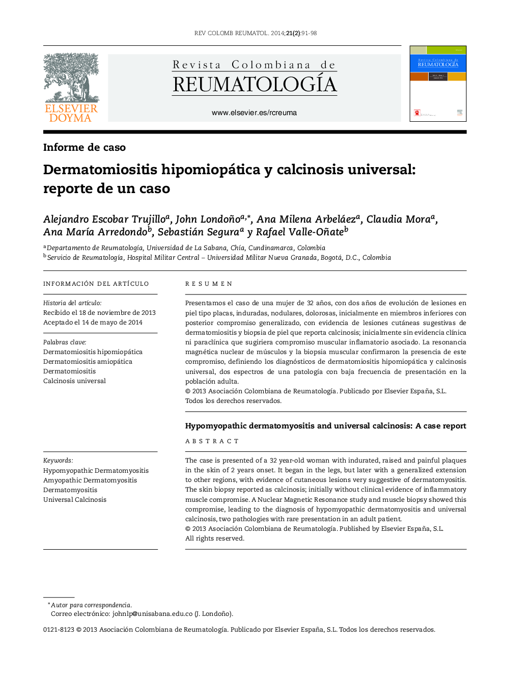 Dermatomiositis hipomiopática y calcinosis universal: reporte de un caso