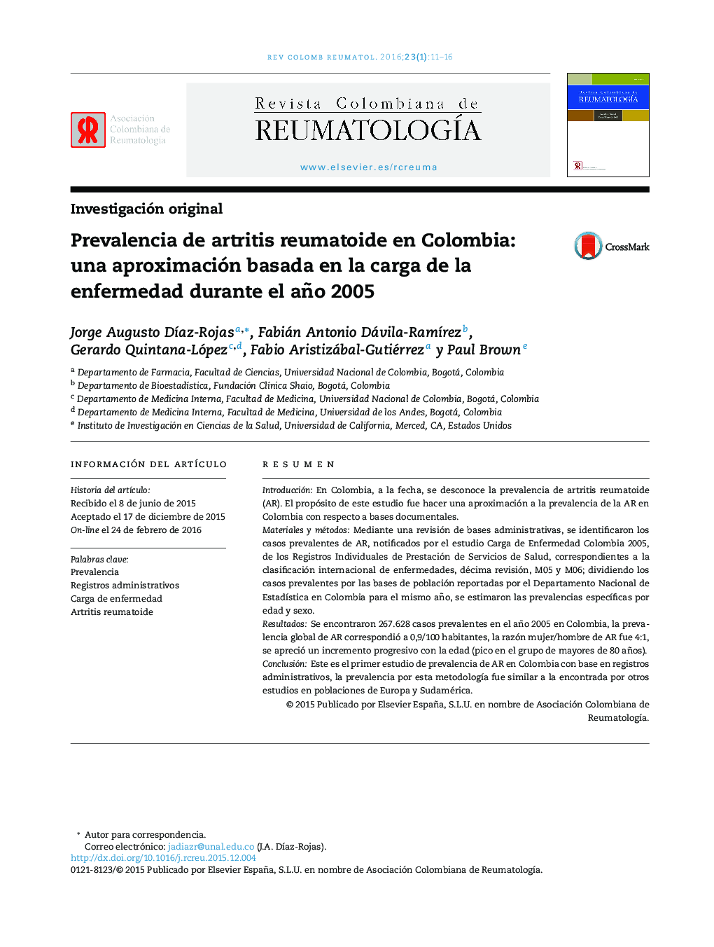 Prevalencia de artritis reumatoide en Colombia: una aproximación basada en la carga de la enfermedad durante el año 2005