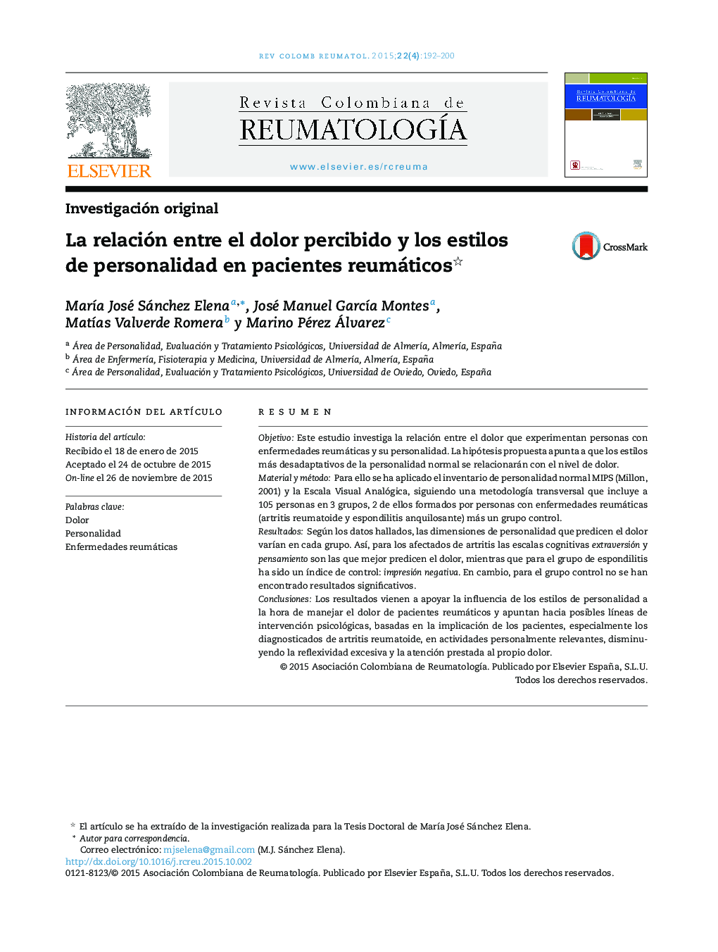 La relación entre el dolor percibido y los estilos de personalidad en pacientes reumáticos 