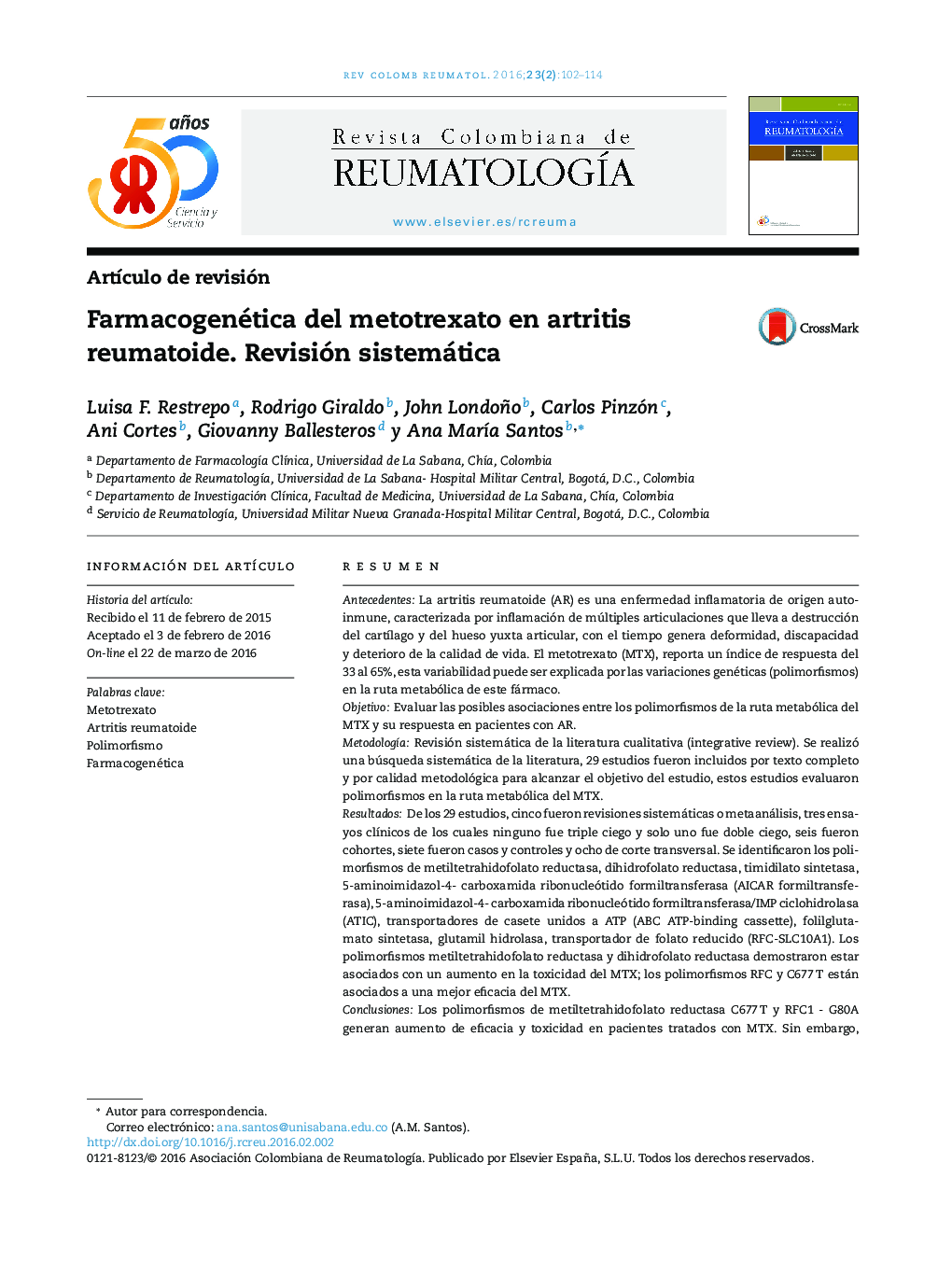 Farmacogenética del metotrexato en artritis reumatoide. Revisión sistemática