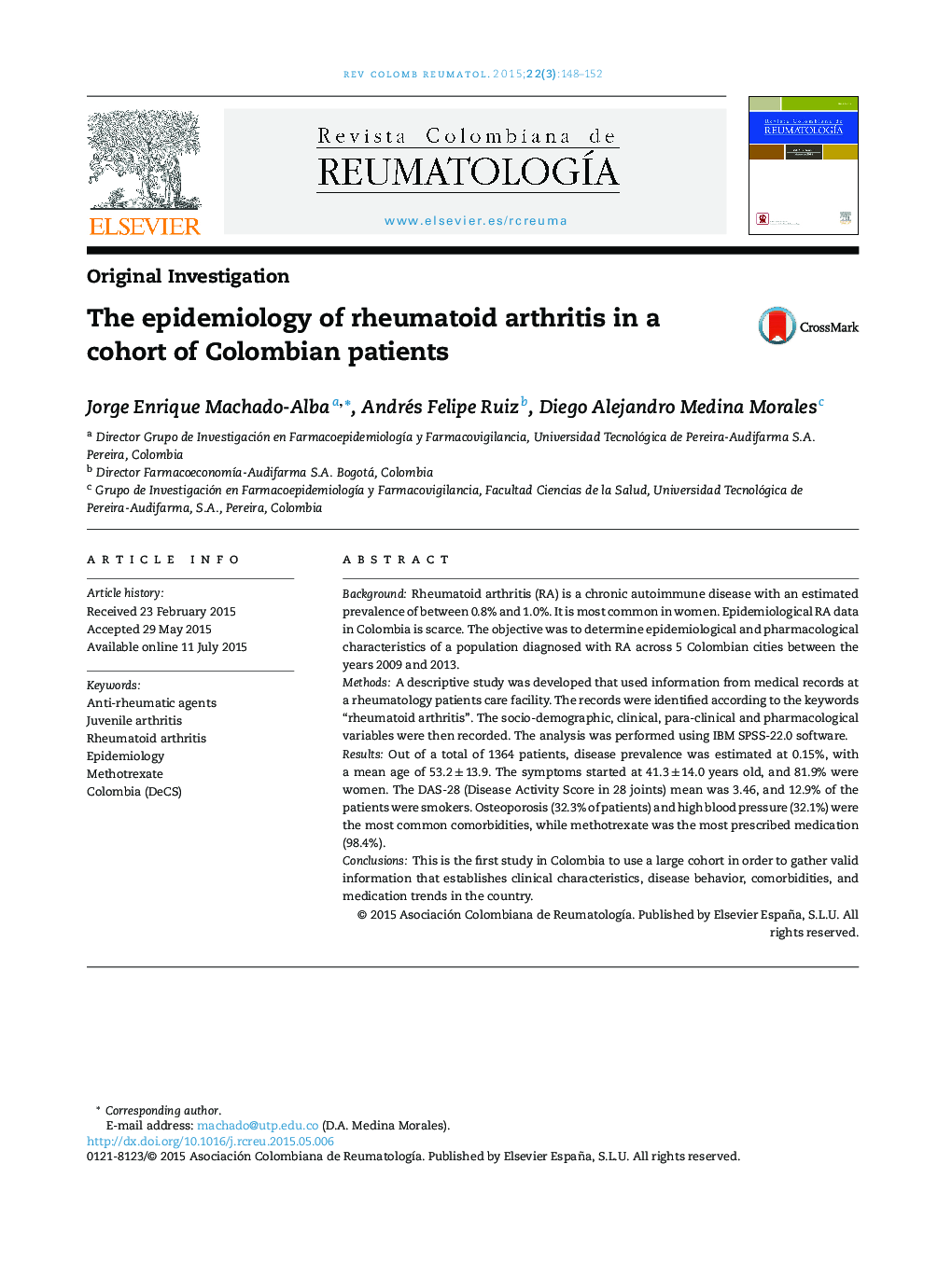 The epidemiology of rheumatoid arthritis in a cohort of Colombian patients