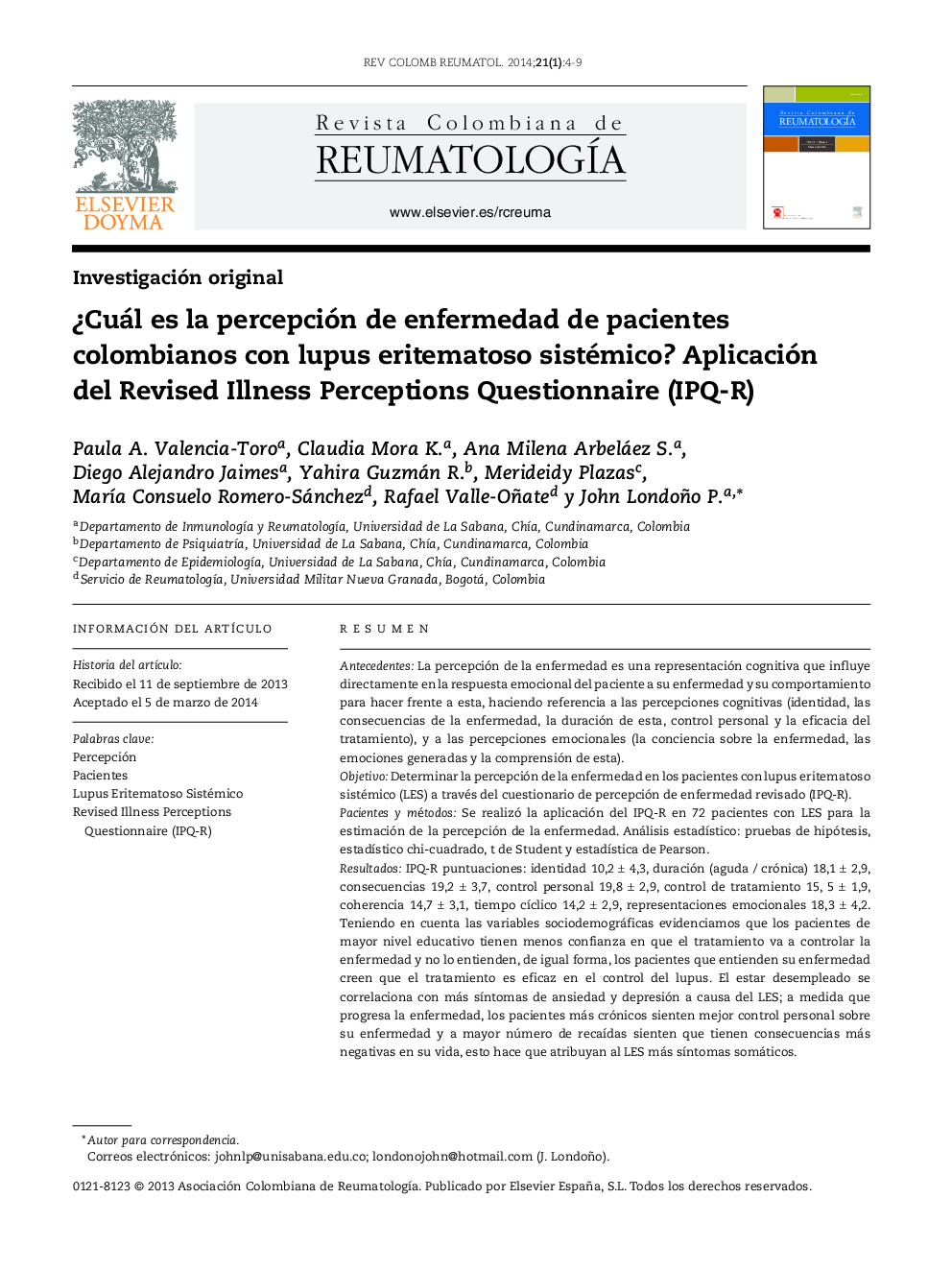 Â¿Cuál es la percepción de enfermedad de pacientes colombianos con lupus eritematoso sistémico? Aplicación del Revised Illness Perceptions Questionnaire (IPQ-R)