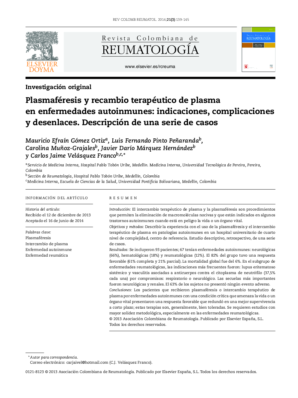 Plasmaféresis y recambio terapéutico de plasma en enfermedades autoinmunes: indicaciones, complicaciones y desenlaces. Descripción de una serie de casos