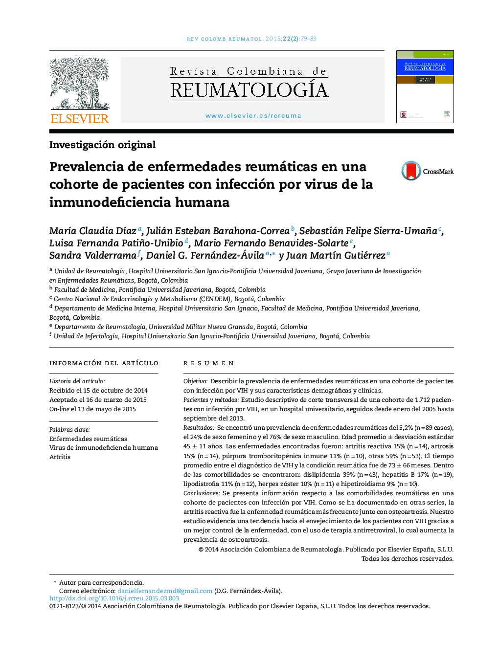 Prevalencia de enfermedades reumáticas en una cohorte de pacientes con infección por virus de la inmunodeficiencia humana