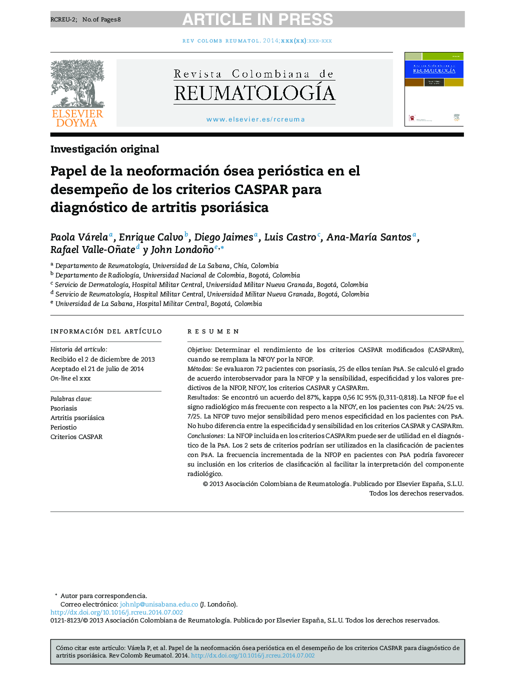 Papel de la neoformación ósea perióstica en el desempeño de los criterios CASPAR para diagnóstico de artritis psoriásica