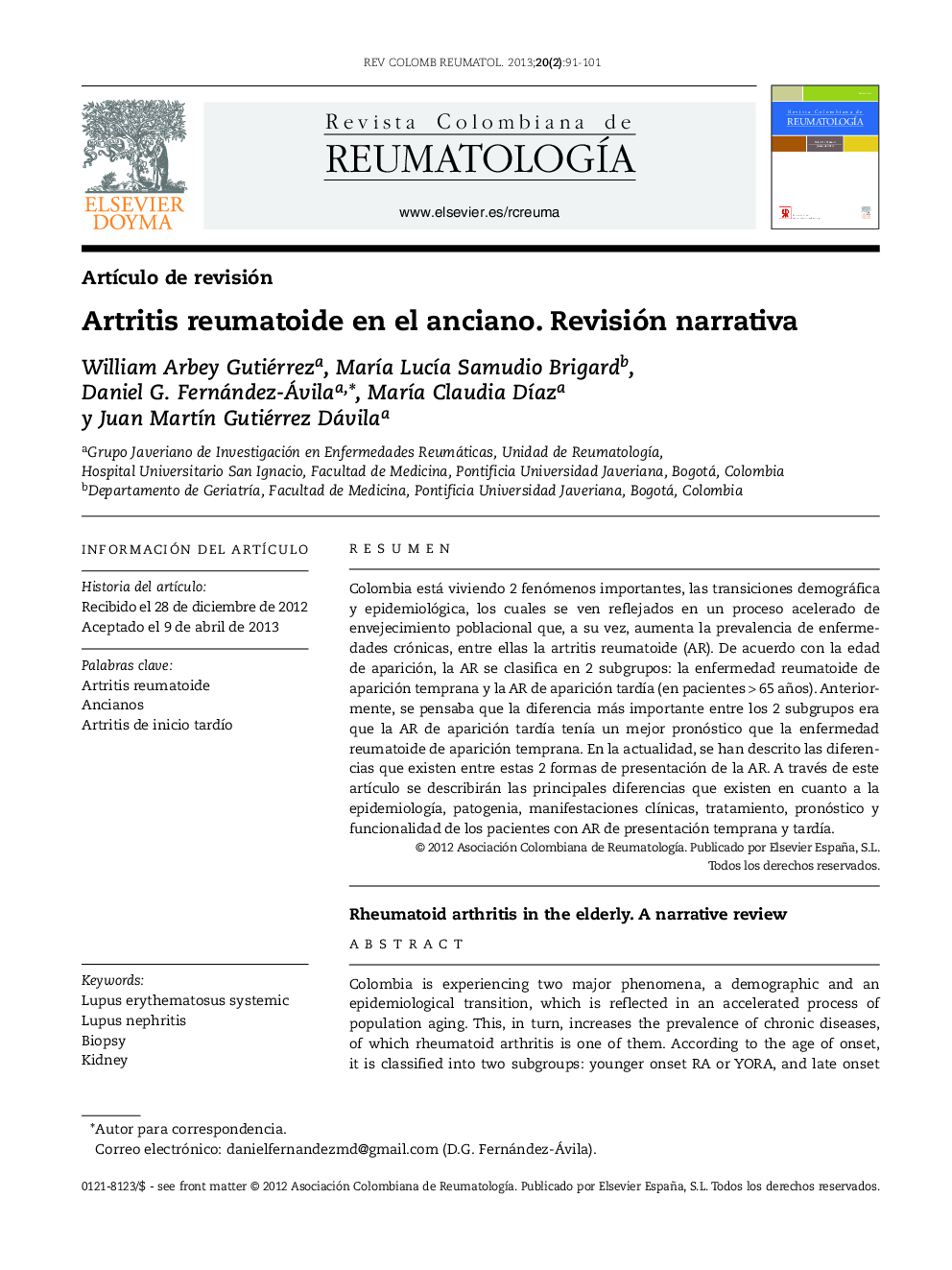 Artritis reumatoide en el anciano. Revisión narrativa