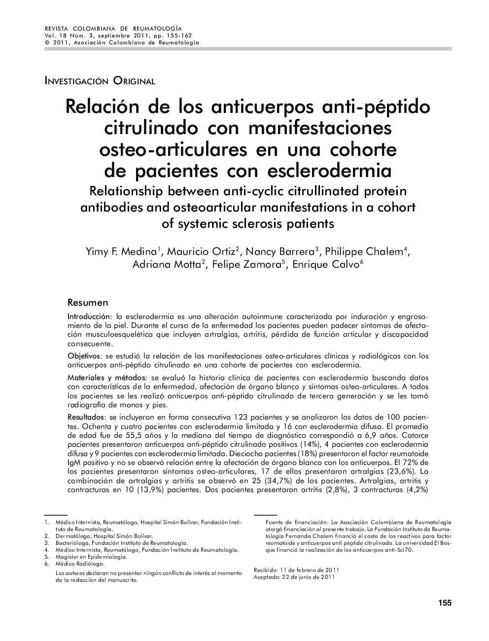 Relación de los anticuerpos anti-péptido citrulinado con manifestaciones osteo-articulares en una cohorte de pacientes con esclerodermia