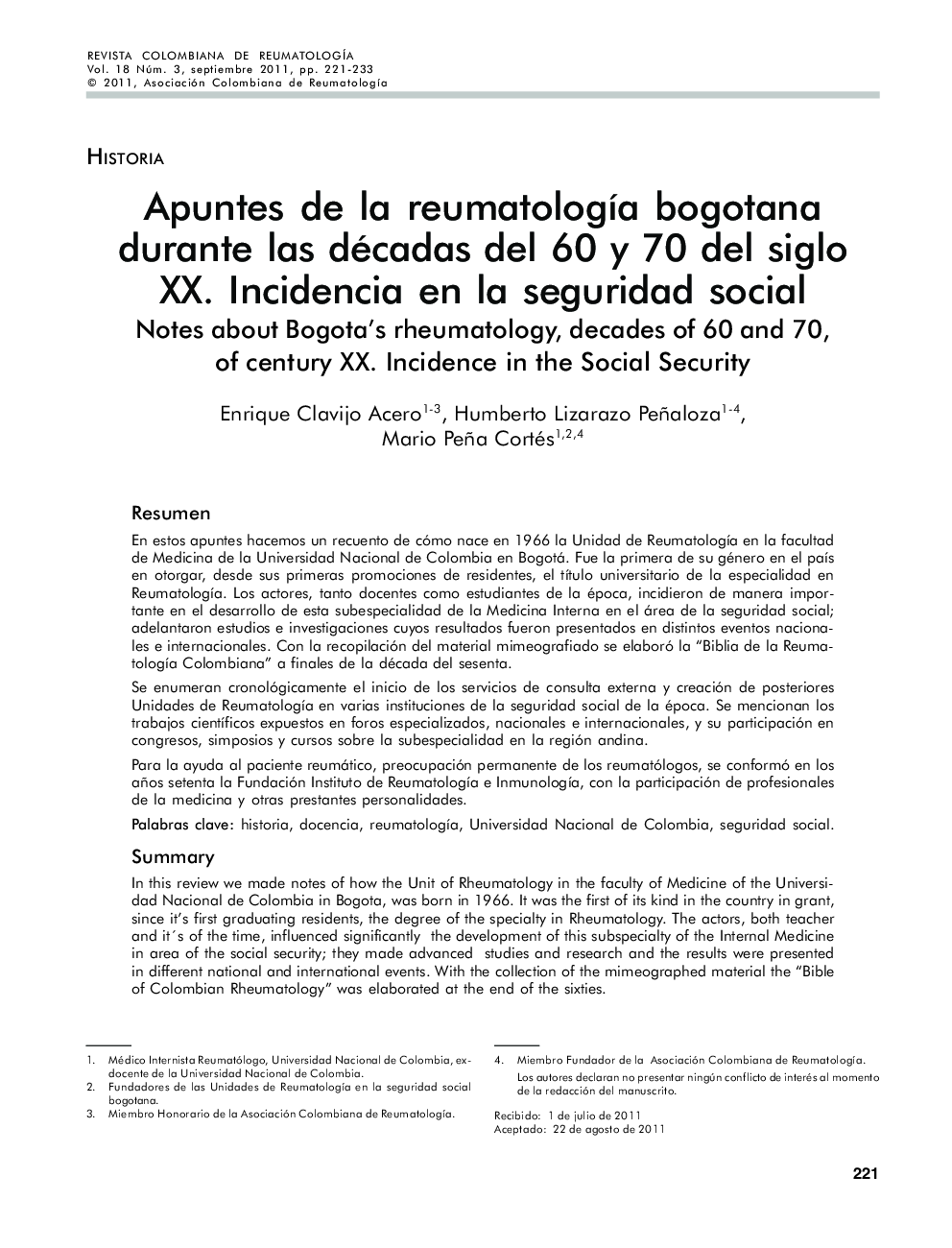 Apuntes de la reumatologÃ­a bogotana durante las décadas del 60 y 70 del siglo XX. Incidencia en la seguridad social